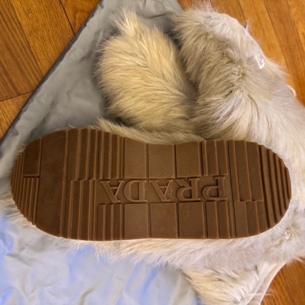 Prada Cream Faux Fur Knee Boot with Logo Plaque